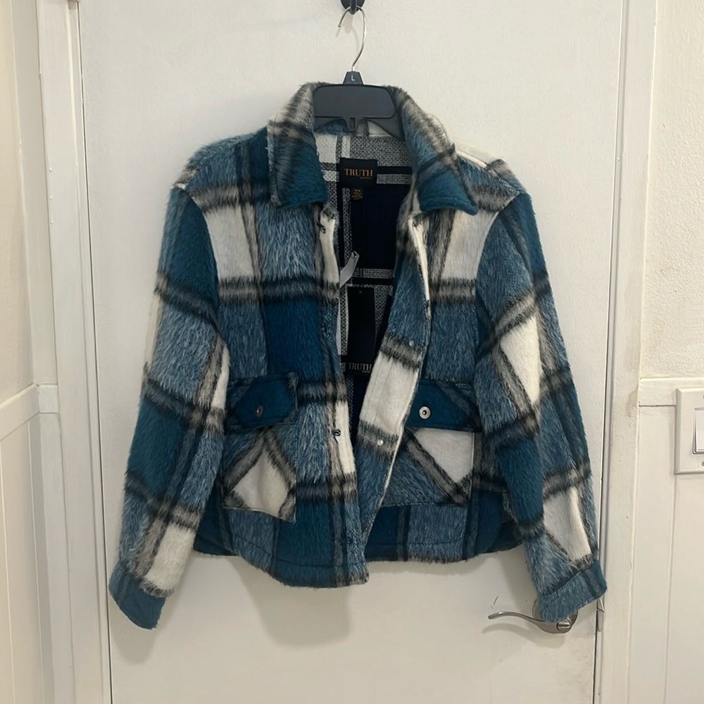 Furry Plaid Button-up Coat for Women Large